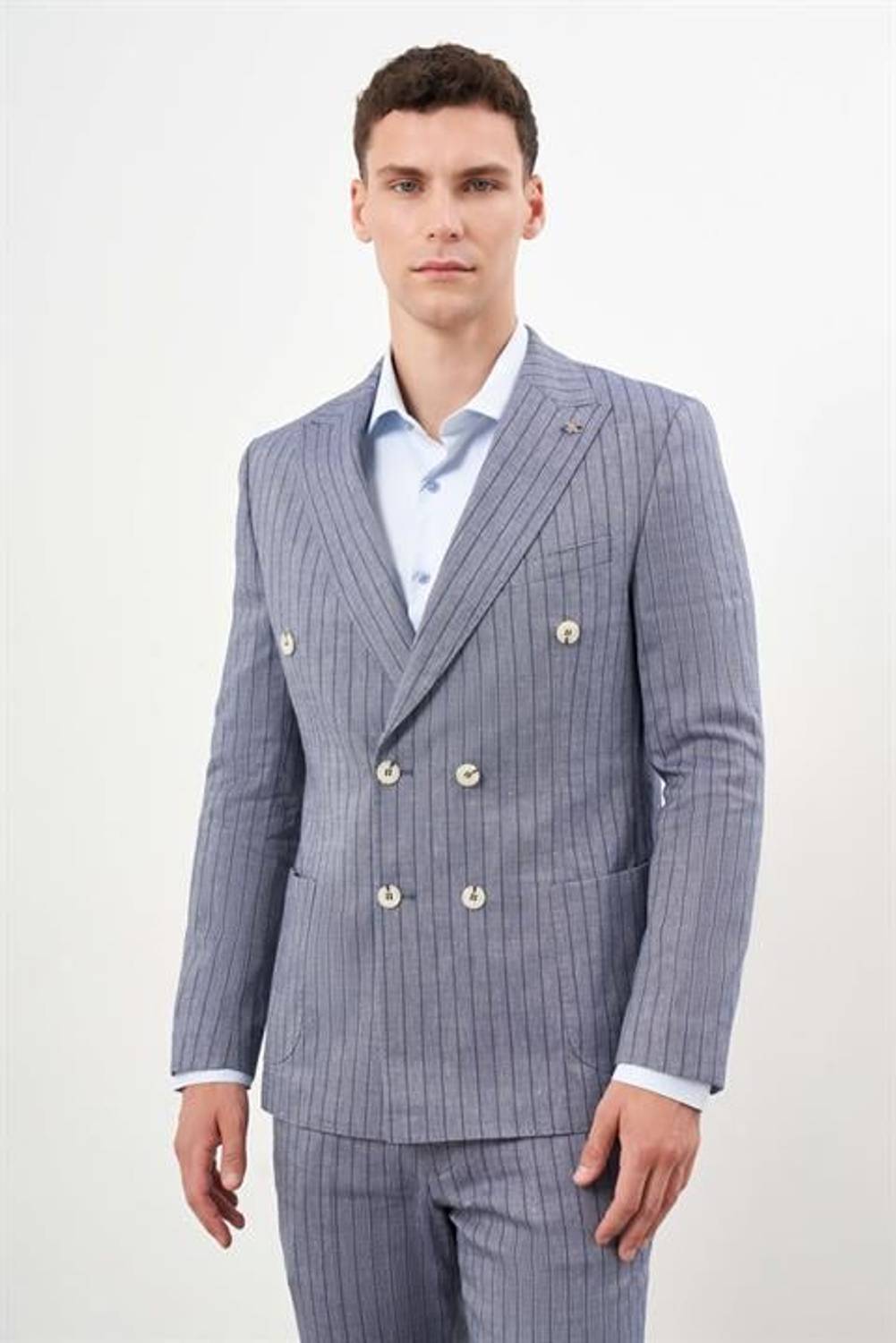 Morven Erkek Lacivert Keten Trend Kruvaze Slim Fit Sivri Yaka Takım Elbise