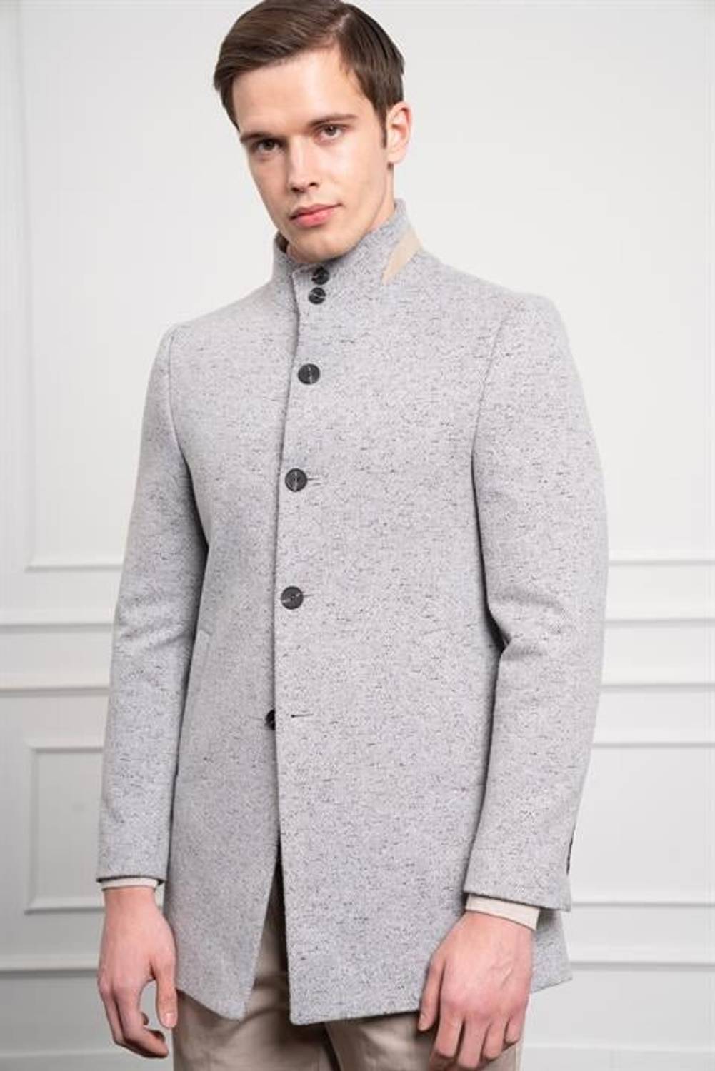 Morven Erkek Gri Desenli Hakim Yaka Dynamic Fit Rahat Kesim Kaban