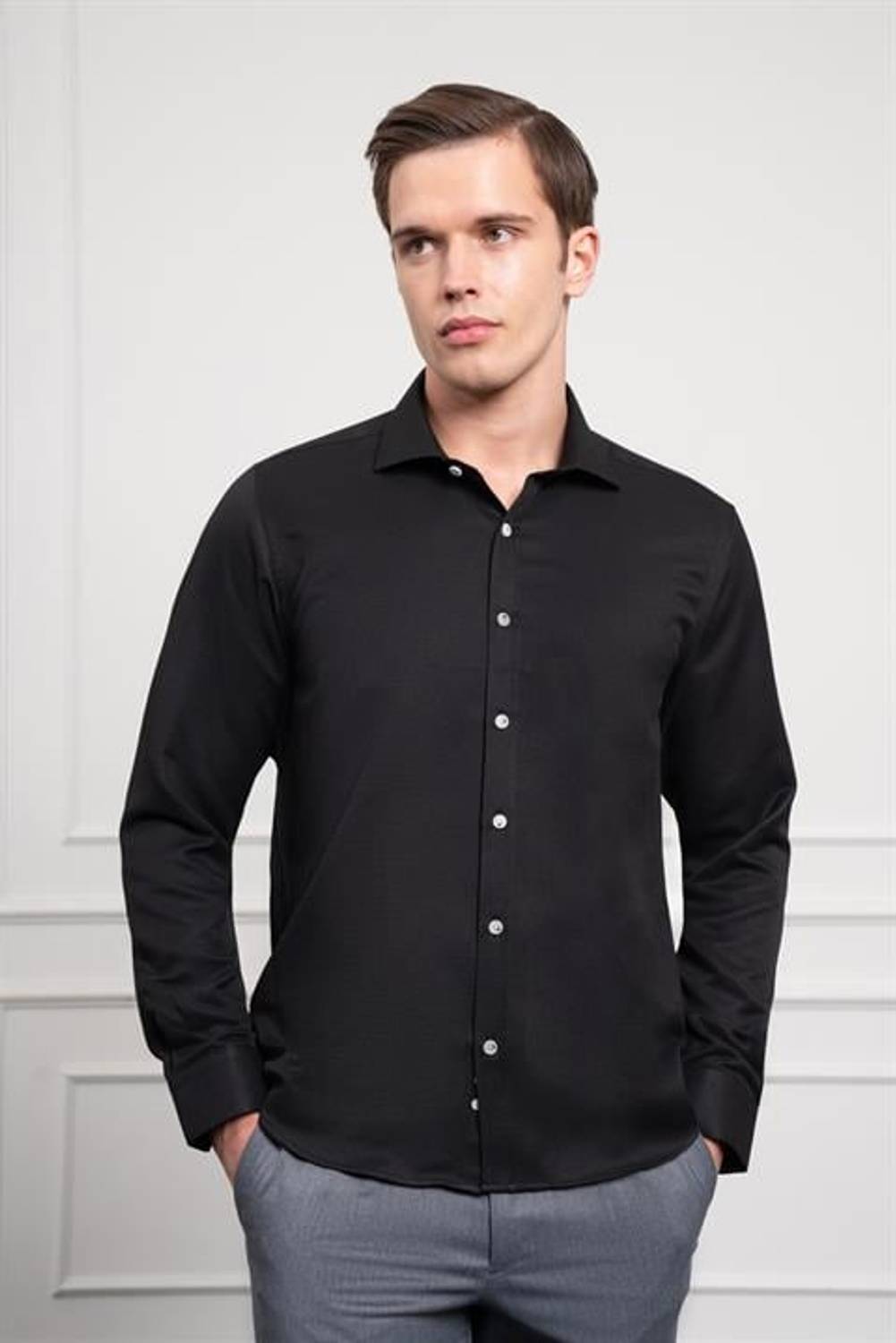Morven Erkek Siyah Trend İtalyan Yaka  Slim Fit Dar Kesim Gömlek