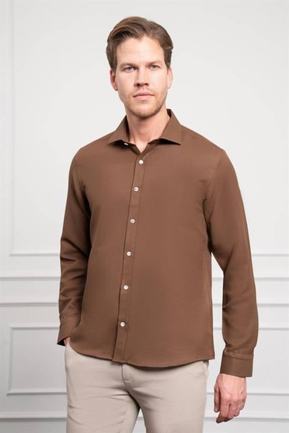 Morven Erkek KAHVE Trend İtalyan Yaka  Slim Fit Dar Kesim Gömlek