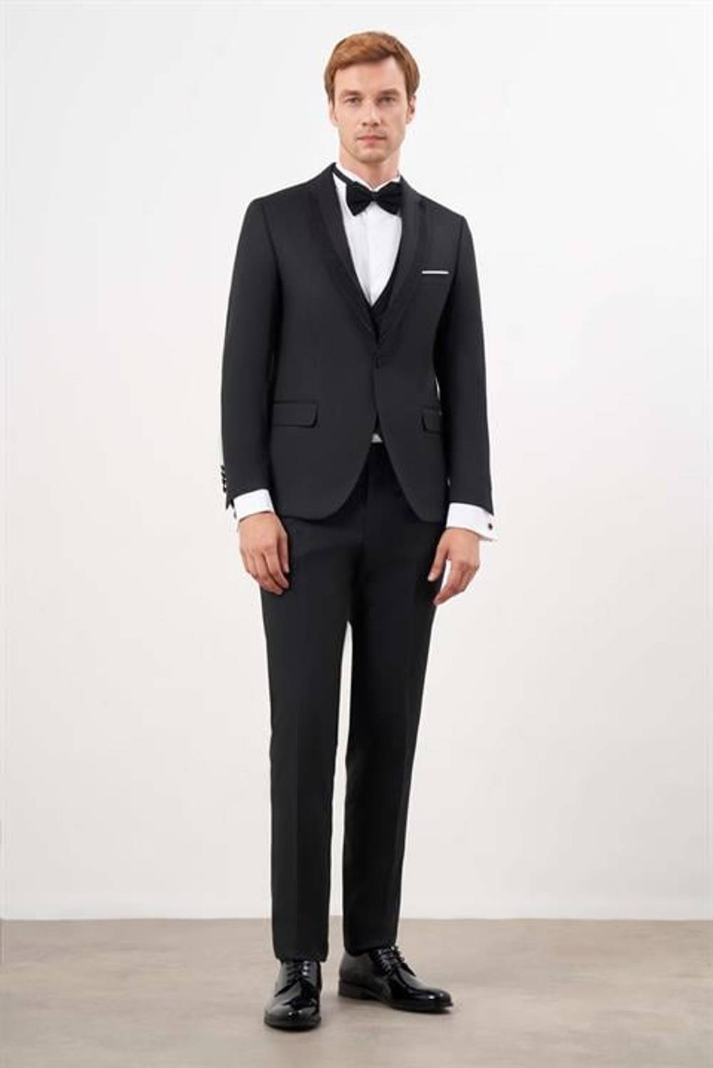 Morven Erkek Siyah Poliviskon Ceromonia Jakar Desen Slim Fit Şal Çıkma Yaka Damatlık