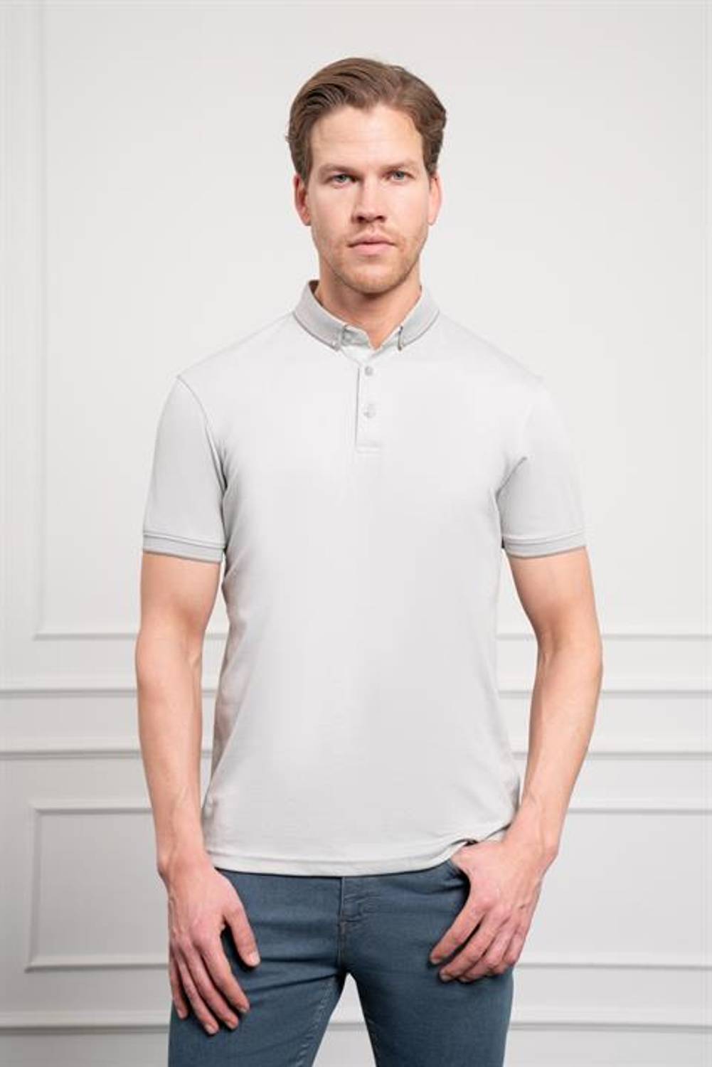 Morven Erkek Gri Trend Merserize Düz Düğmeli Yaka Dynamic Fit T-Shirt