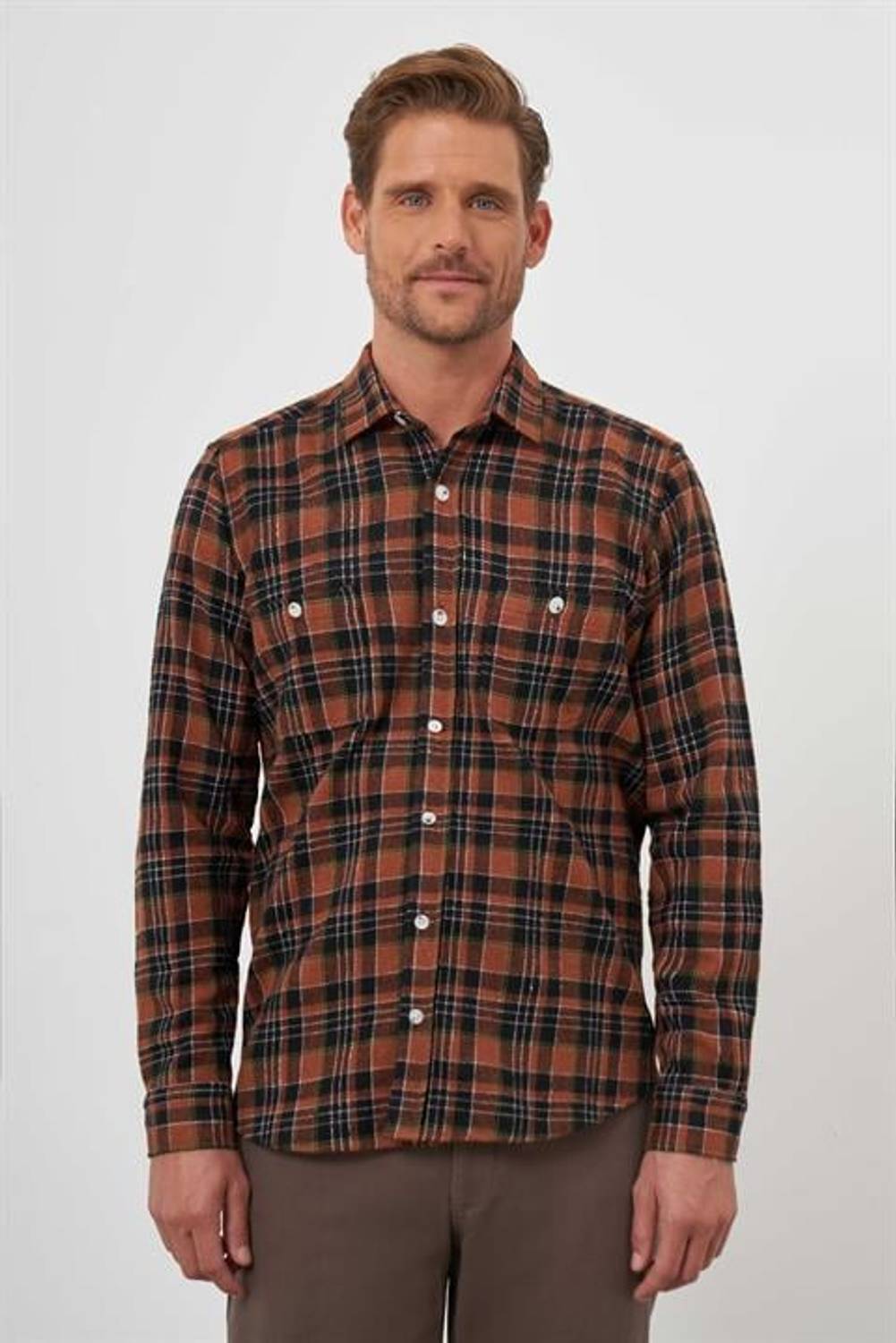 Morven Erkek KAHVE Trend Ekoseli Regular Fit Düğmeli Yaka Oduncu Gömlek