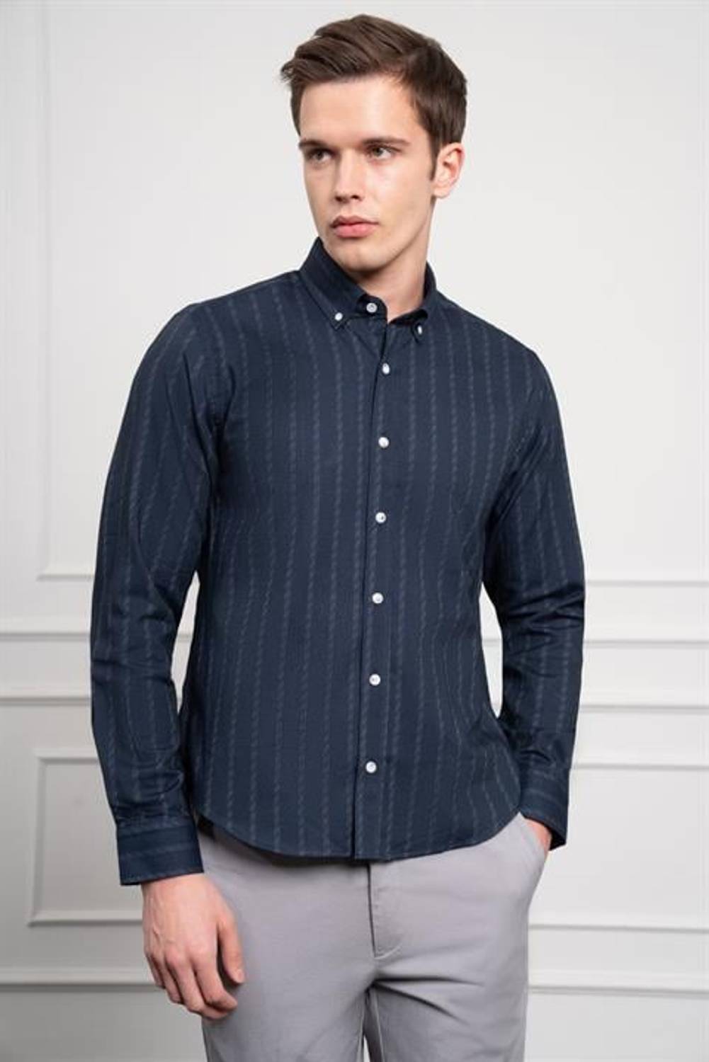 Morven Erkek Lacivert Kışlık Dynamic Fit Düğmeli Yaka Gömlek