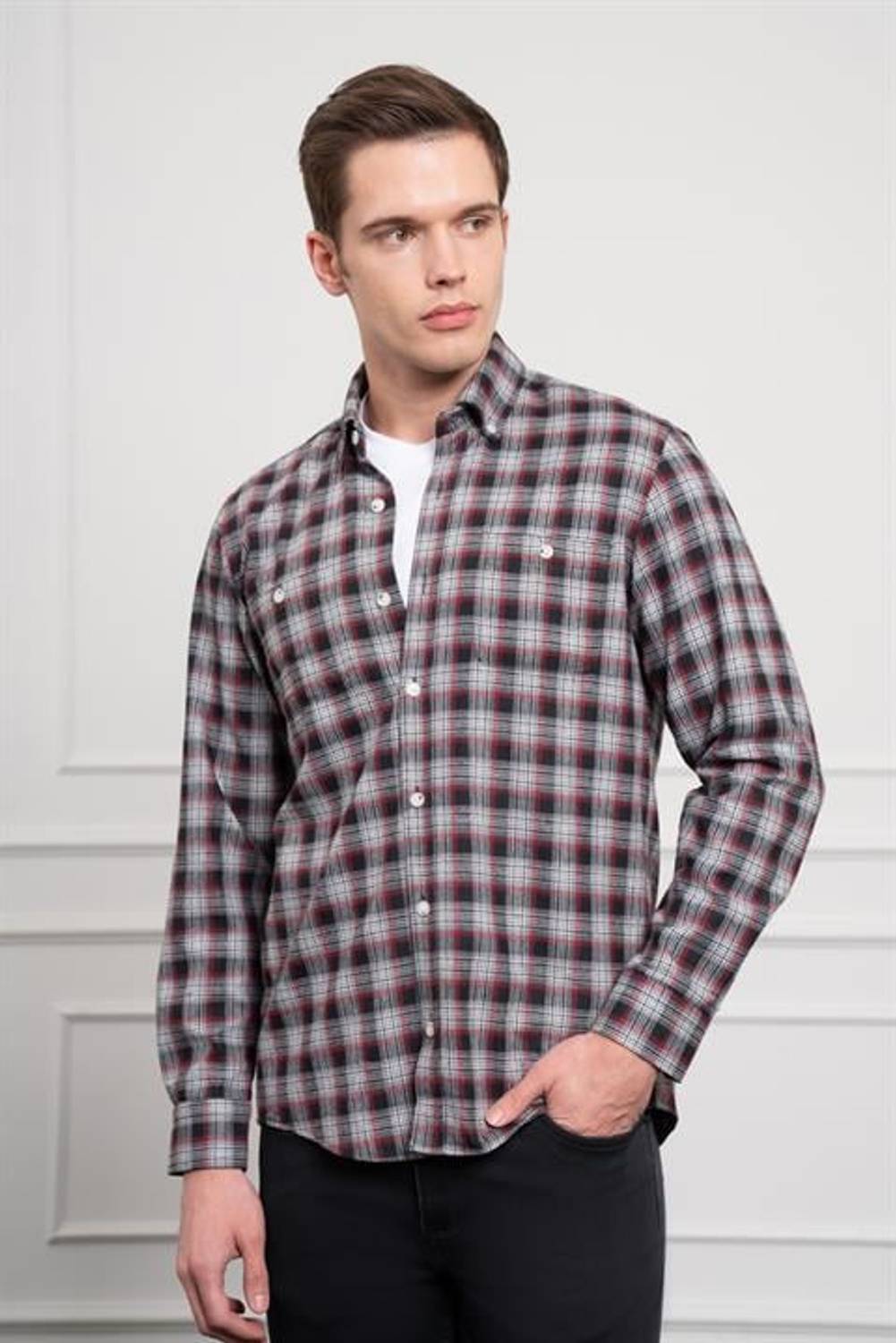 Morven Erkek Gri Kışlık Düğmeli Yaka Regular Fit Gömlek