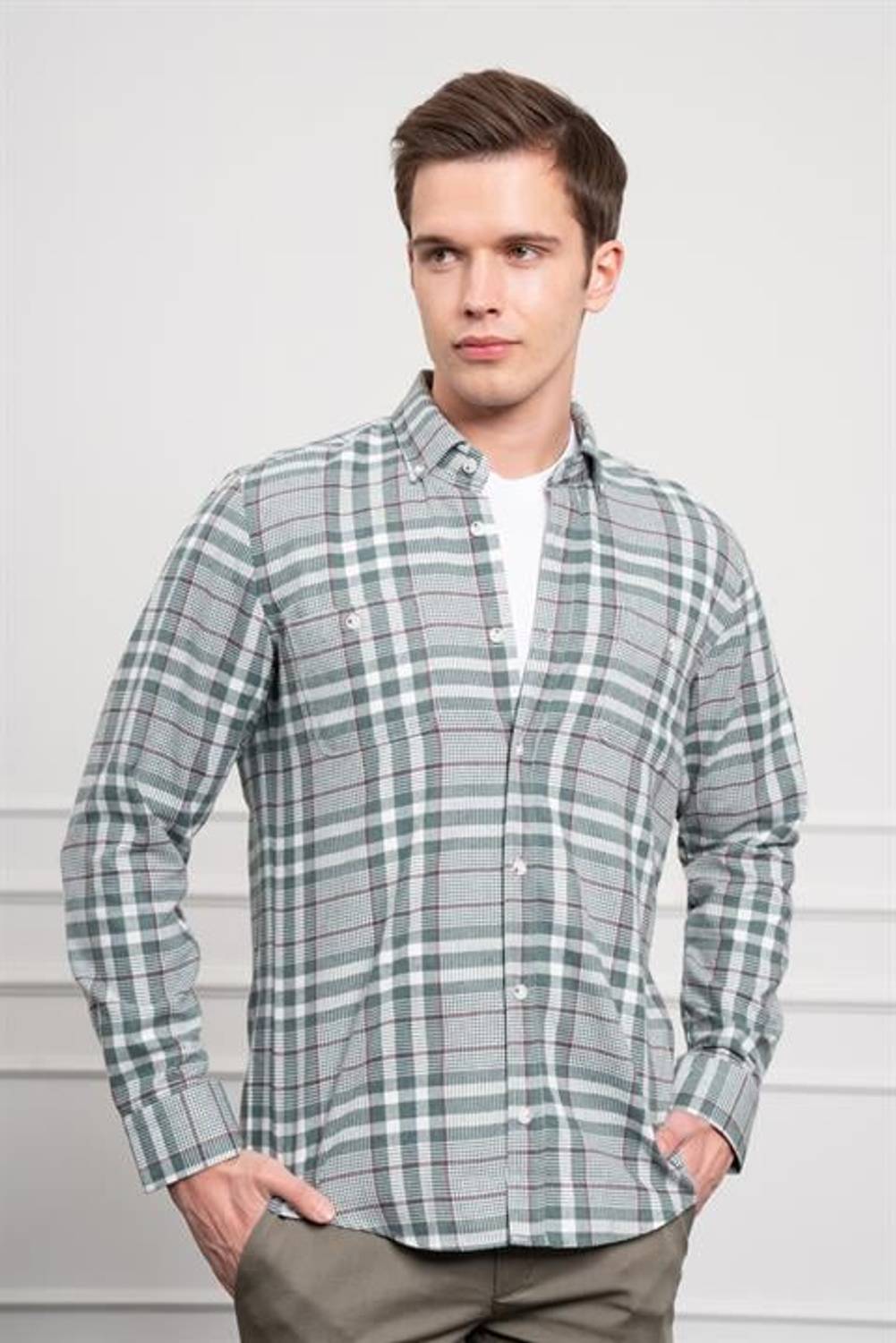 Morven Erkek Yeşil Kışlık Düğmeli Yaka Regular Fit Gömlek
