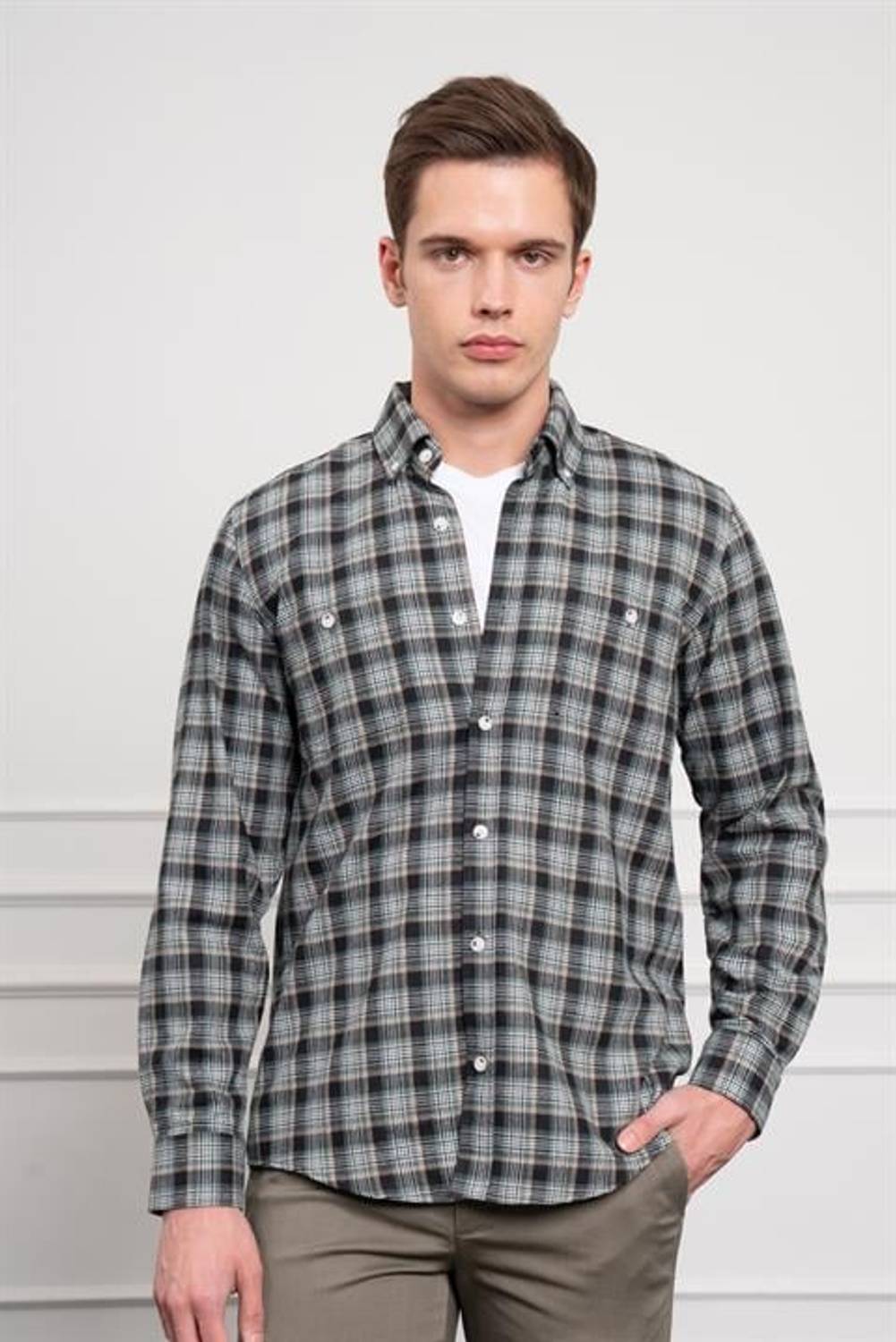 Morven Erkek Haki Kışlık Düğmeli Yaka Regular Fit Gömlek