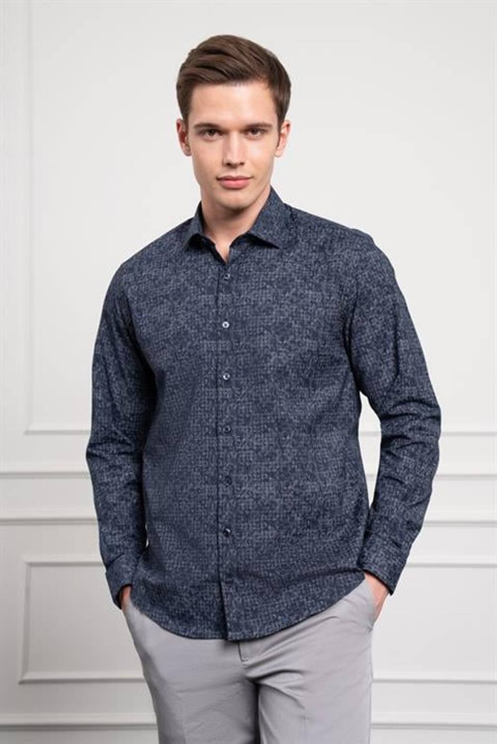 Morven Erkek KOYU LACİVERT Trend Dynamic Fit İtalyan Yaka Gömlek