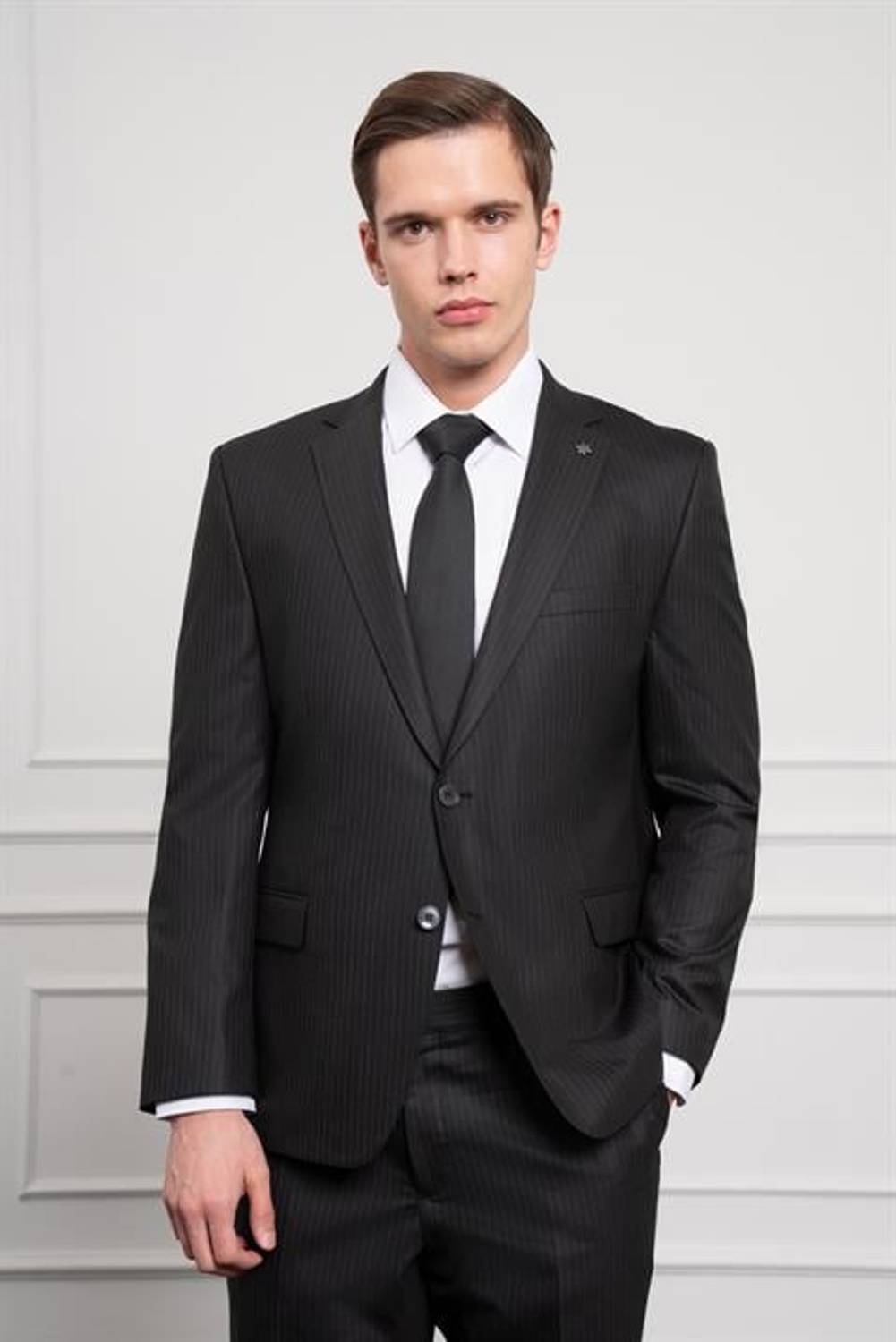 Morven Erkek Siyah Yünlü 4-Drop Dynamic Fit Mono Yaka Takım Elbise