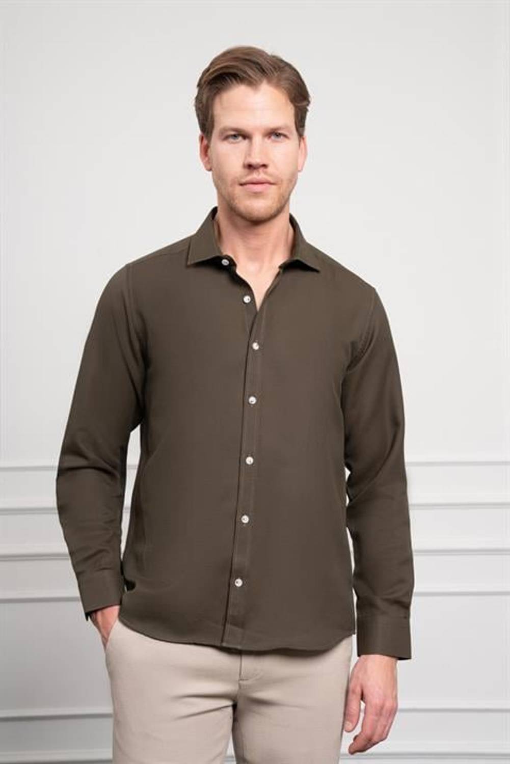 Morven Erkek Haki Trend İtalyan Yaka  Slim Fit Dar Kesim Gömlek