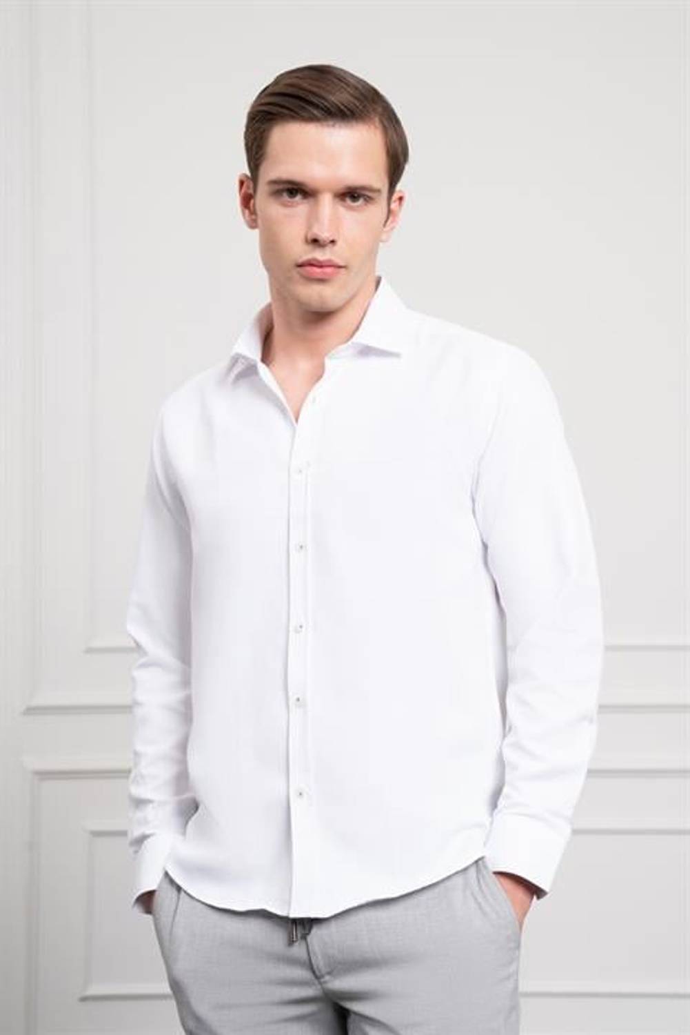 Morven Erkek Beyaz Trend İtalyan Yaka  Slim Fit Dar Kesim Gömlek