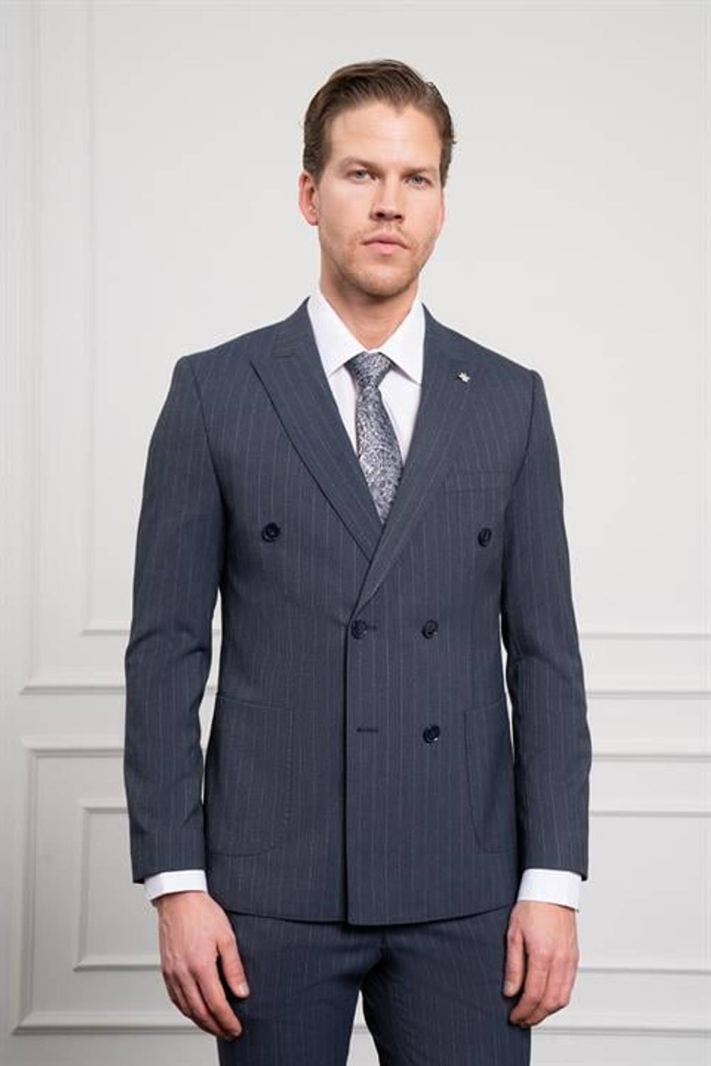 Morven Erkek Lacivert Trend Slim Fit Sivri Yaka Kruvaze Takım Elbise