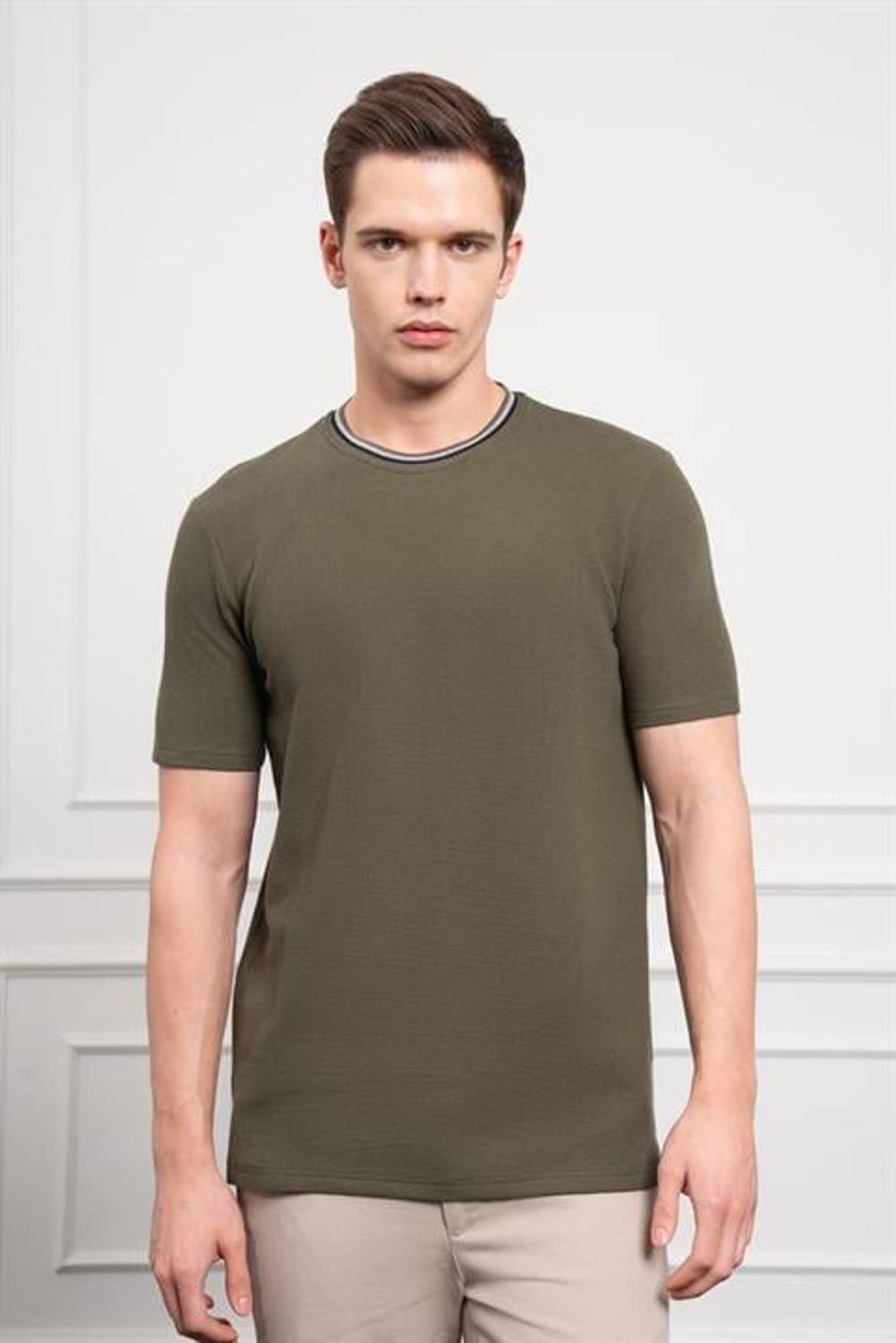 Morven Erkek Haki Trend Bisiklet Yaka Dinamik Fit T-Shirt