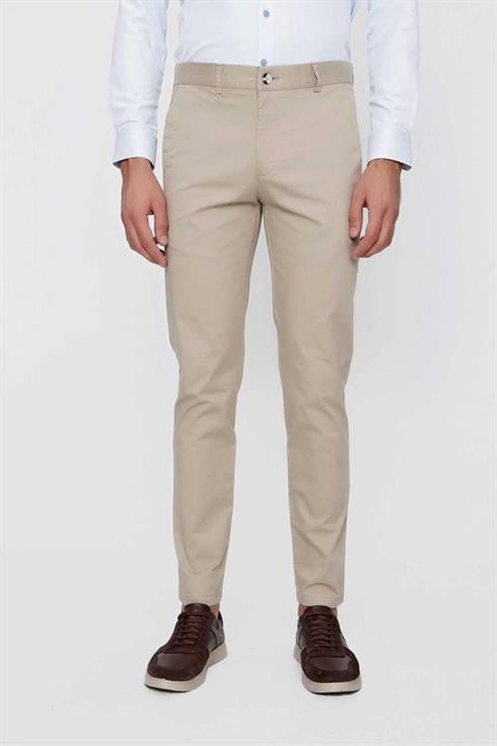 Morven Erkek Bej Summer Armür Pamuk Yan Cep Slim Fit Dar Kesim Pantolon