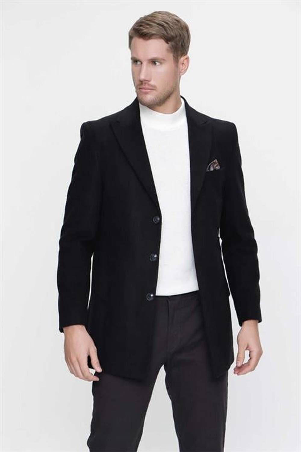 Morven Men's Black Straight Dynamic Fit Comfortable Cut Pointed Collar Coat