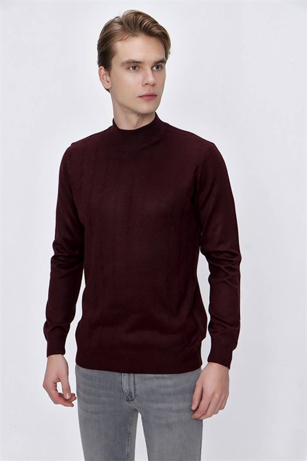  Morven Men's Dark Claret Red Wool Jacquard Dynamic Fit Comfortable Fit Half Fisherman Knitwear