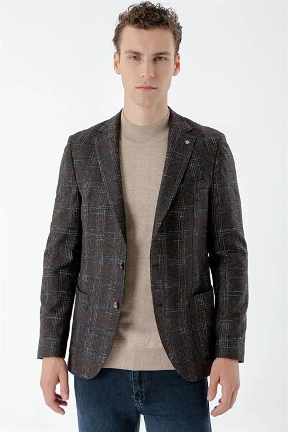 سترة رياضية للرجال من Morven مصنوعة من الصوف البني بجيب وجيب أحادي الياقة