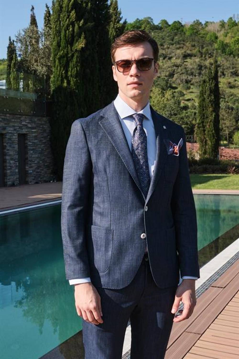 Morven Men's Navy Blue Filafil Patterned Slim Fit Suit