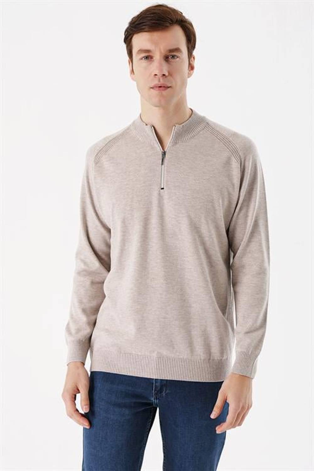 Morven Men's Beige Zippered Standing Collar Dynamic Fit Patterned Knitwear Sweater