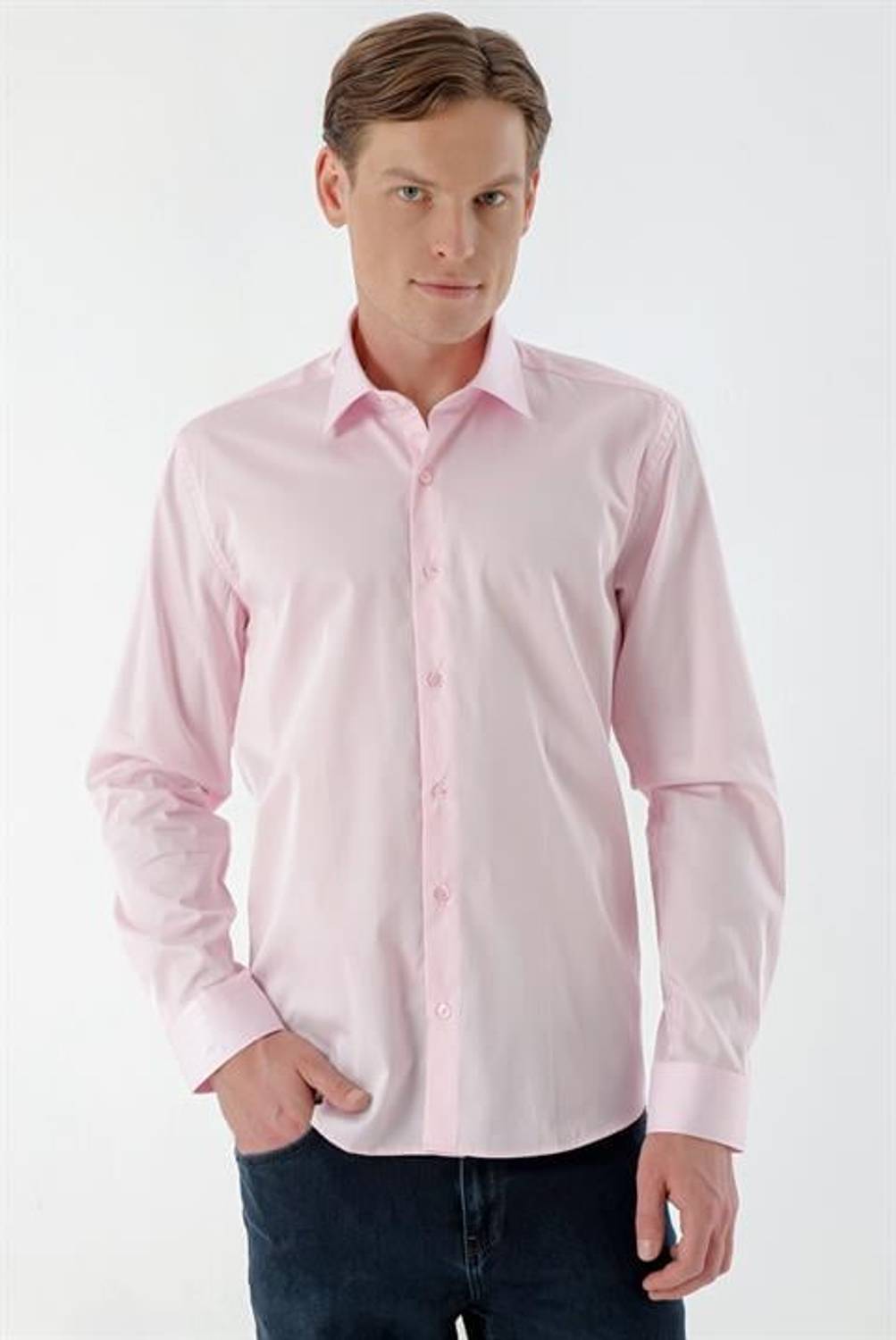 قميص Morven رجالي من القطن الوردي بنمط سادة بقصة ضيقة