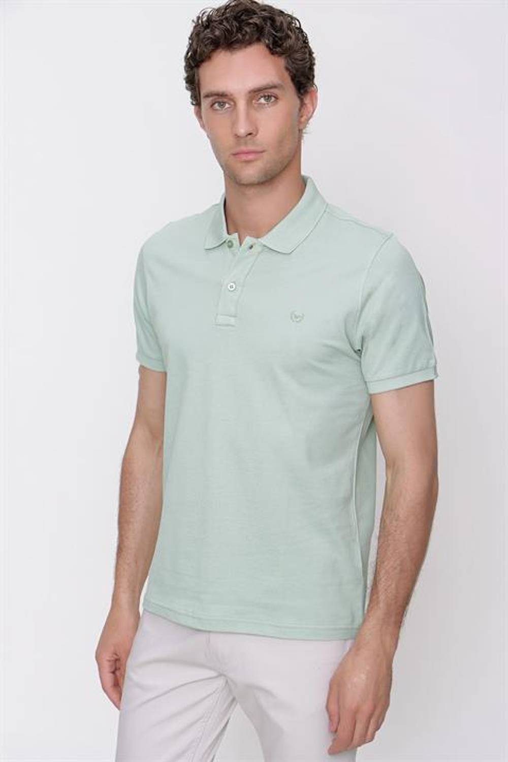 Erkek Su Yeşili Basic Düz %100 Pamuk Slim Fit Dar Kesim Kısa Kollu Polo Yaka Tişört