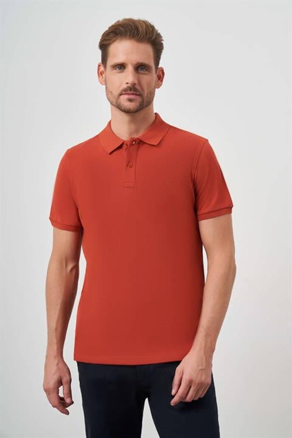 Erkek Tarçın Basic Düz %100 Pamuk Slim Fit Dar Kesim Kısa Kollu  Polo Yaka Tişört