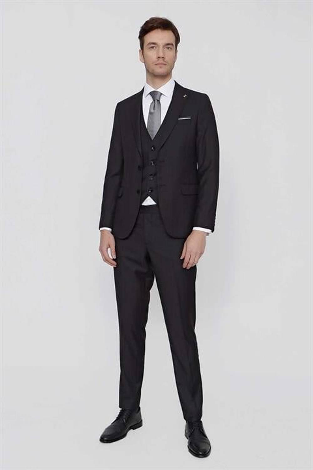 Morven Erkek Siyah Oscar Çizgili Yelekli Slim Fit Dar Kesim 6 Drıop Takım Elbise