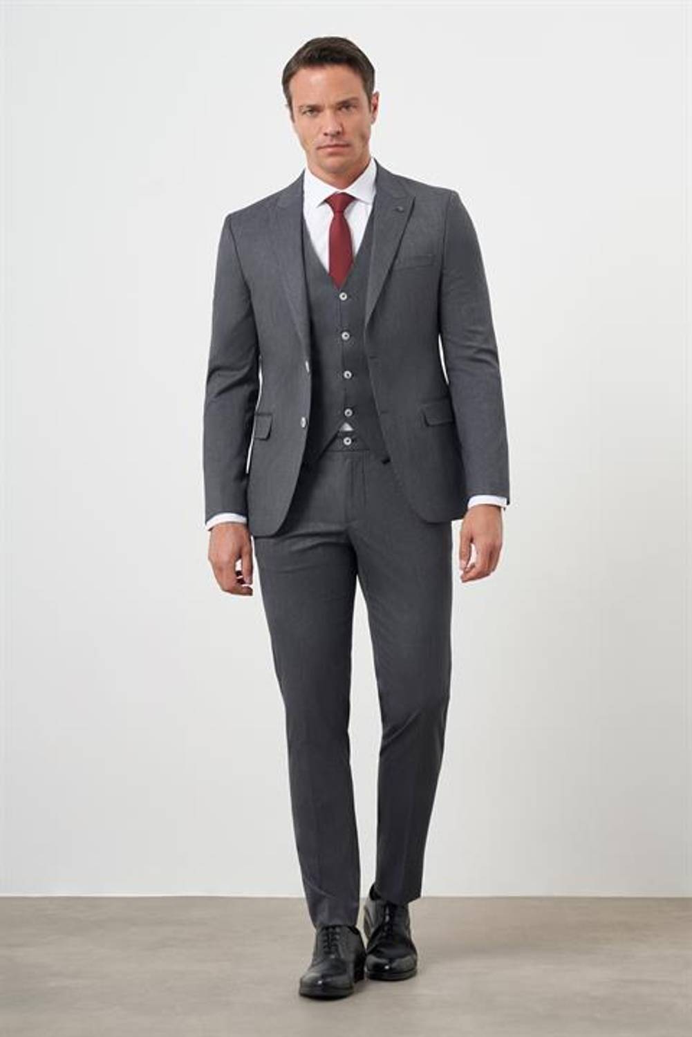 Morven Erkek Füme Poliviskon Trend Yelekli Çizgili Desen Slim Fit  Sivri Yaka Takım Elbise