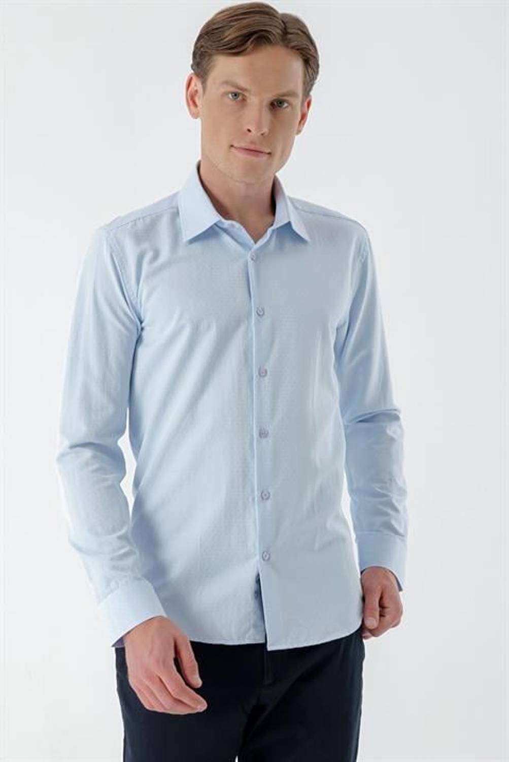 Мужская рубашка Morven A. МАВИ Dobby Armür Slim Fit, %57 хлопок, %43 полиэстер, без карманов, длинный рукав, кнопки, стильный дизайн