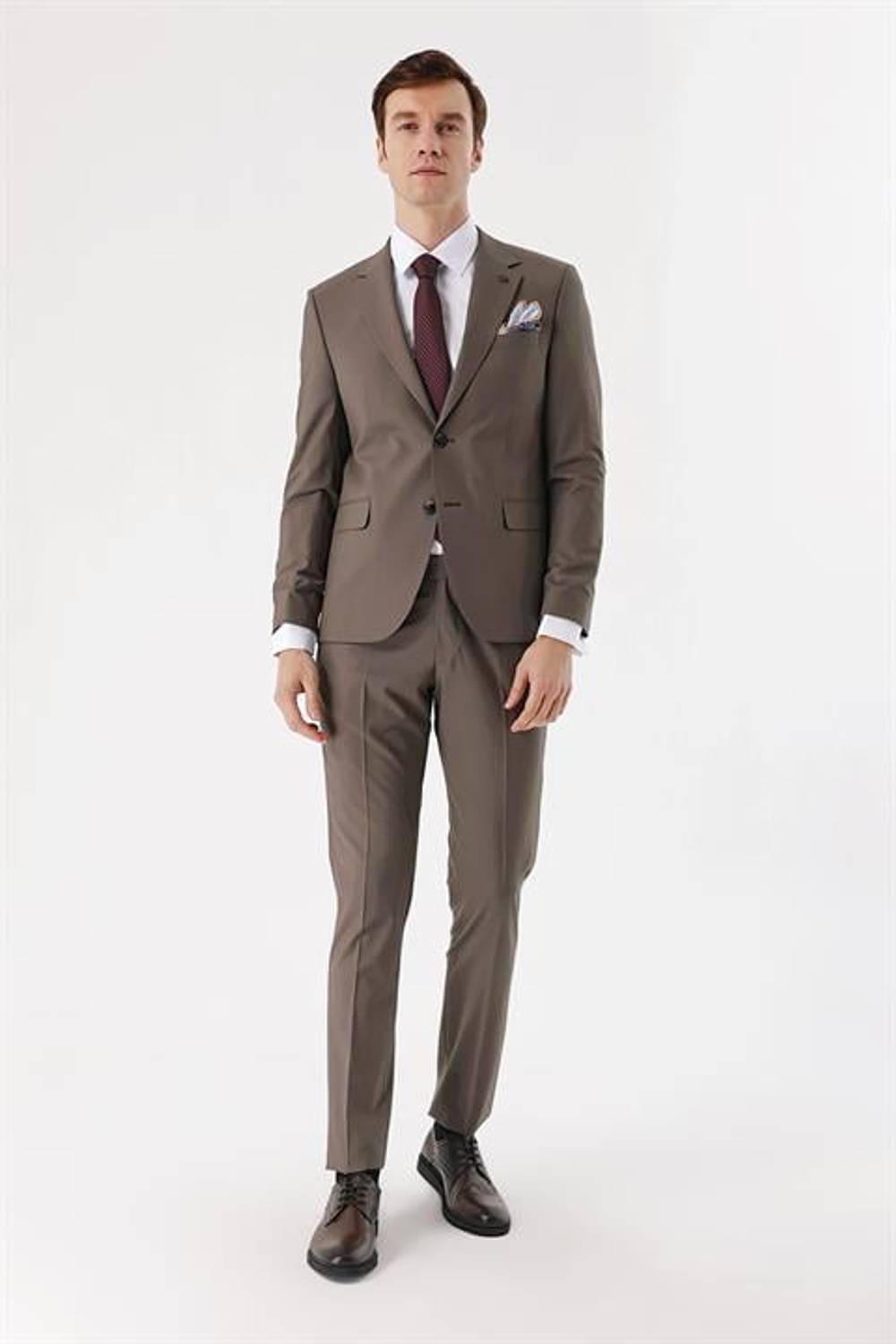 Morven Erkek KAHVE Yünlü Düz Desen 6 Drop Slim  Fit Takım Elbise