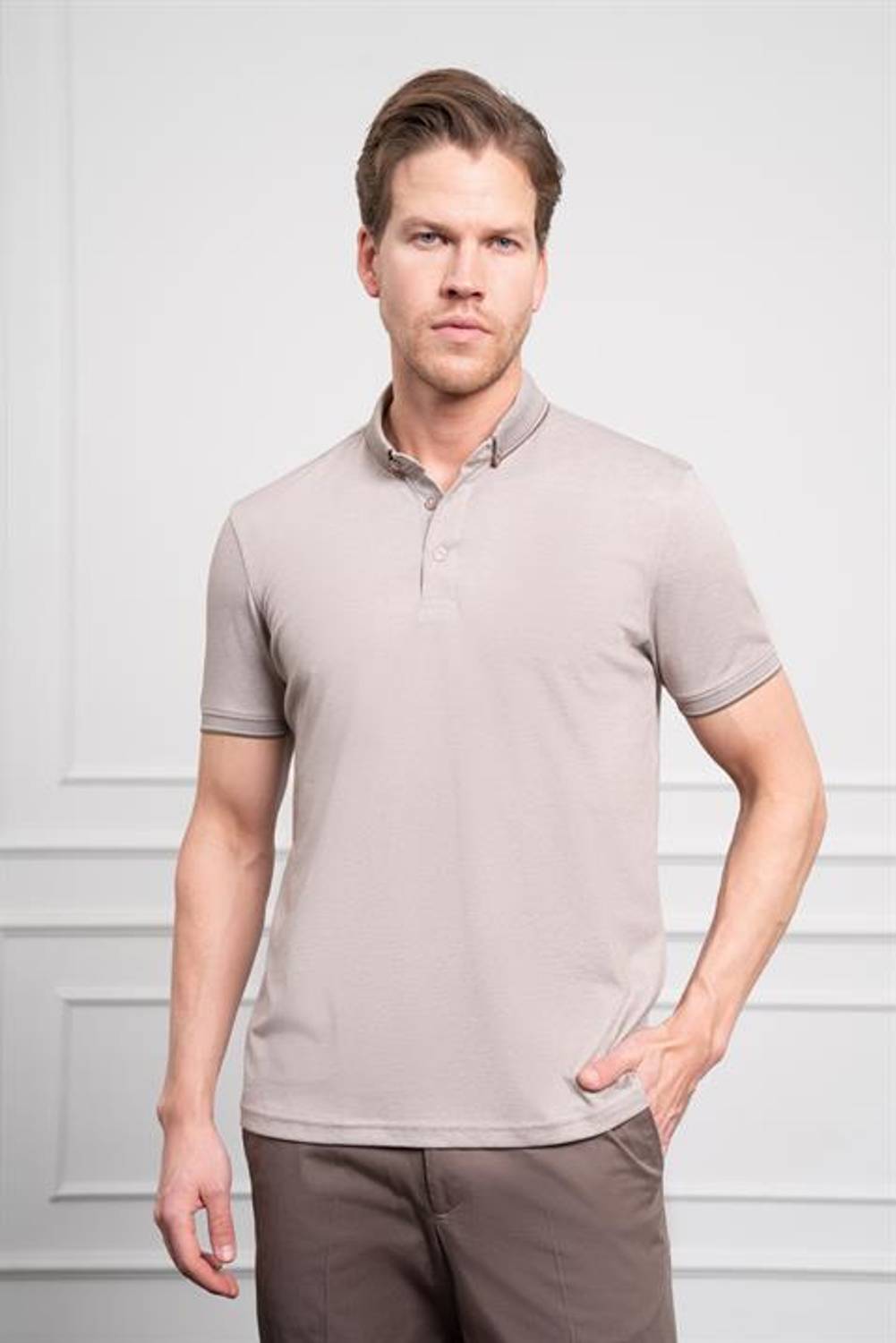 Morven Erkek Bej Trend Merserize Düz Düğmeli Yaka Dynamic Fit T-Shirt