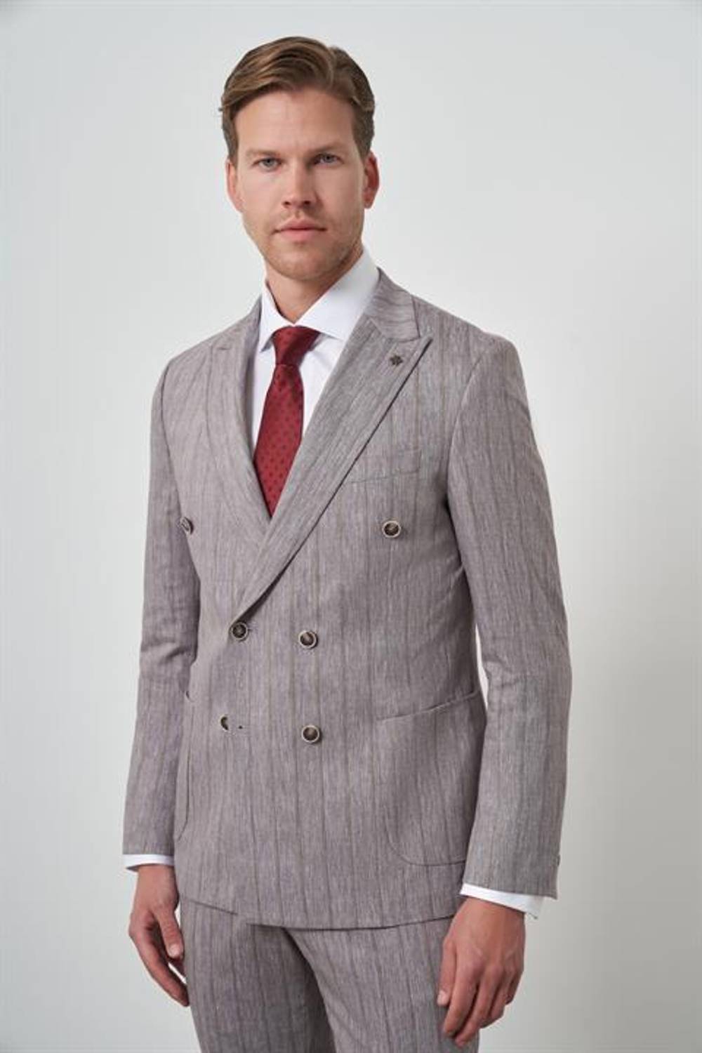 Morven Erkek Vizon Tend Keten Kruvaze Slim  Fit Sivri Yaka Takım Elbise