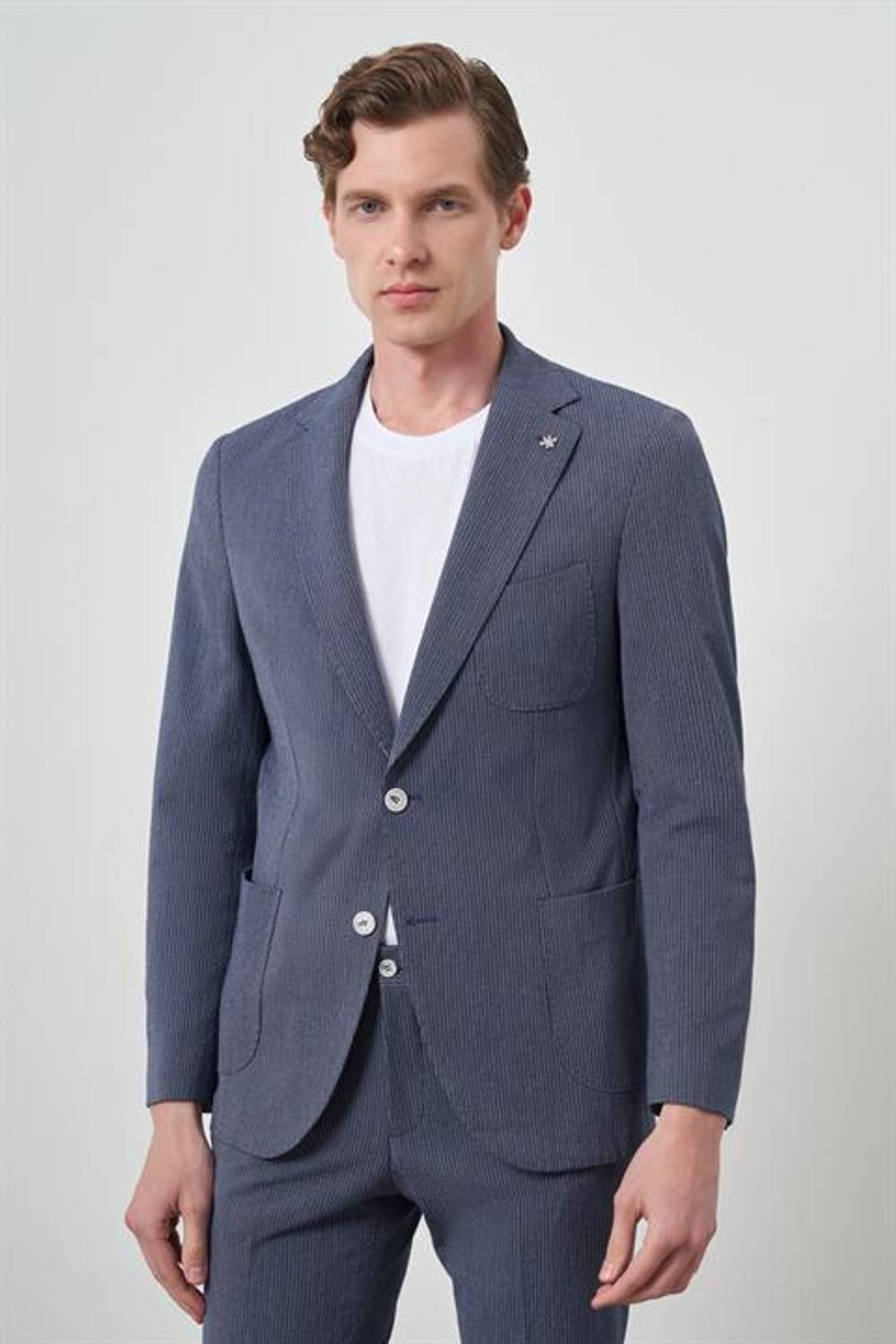 Morven Erkek Lacivert Poliviskon Trend Çizgili Slim Fit Mono Yaka Takım Elbise