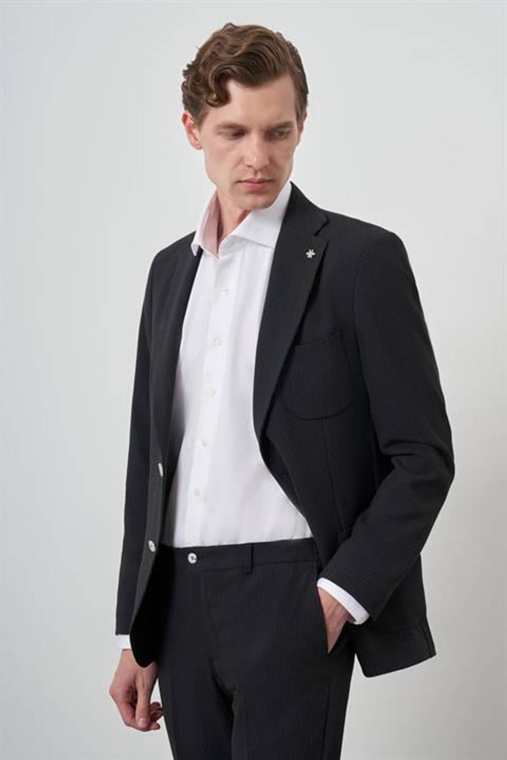 Morven Erkek Siyah Trend Çizgili Slim Fit Mono Yaka Takım Elbise