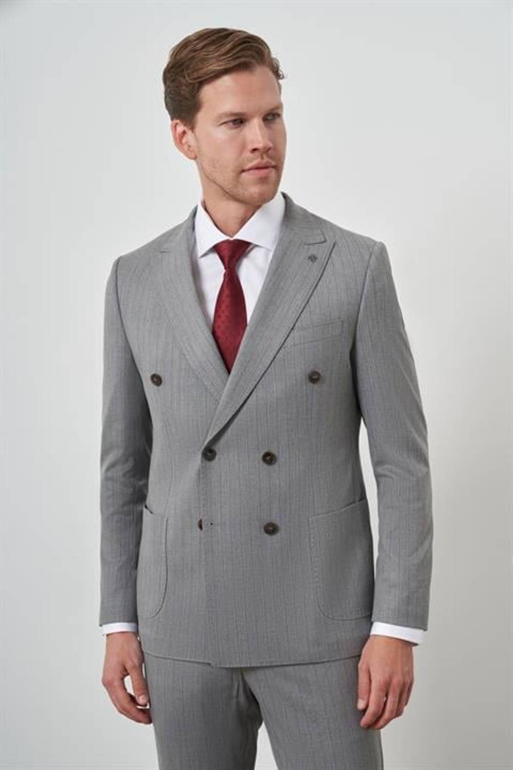 Morven Erkek Gri Poliviskon Trend Kruvaze Çizgili Desen Slim Fit Sivri Yaka Takım Elbise