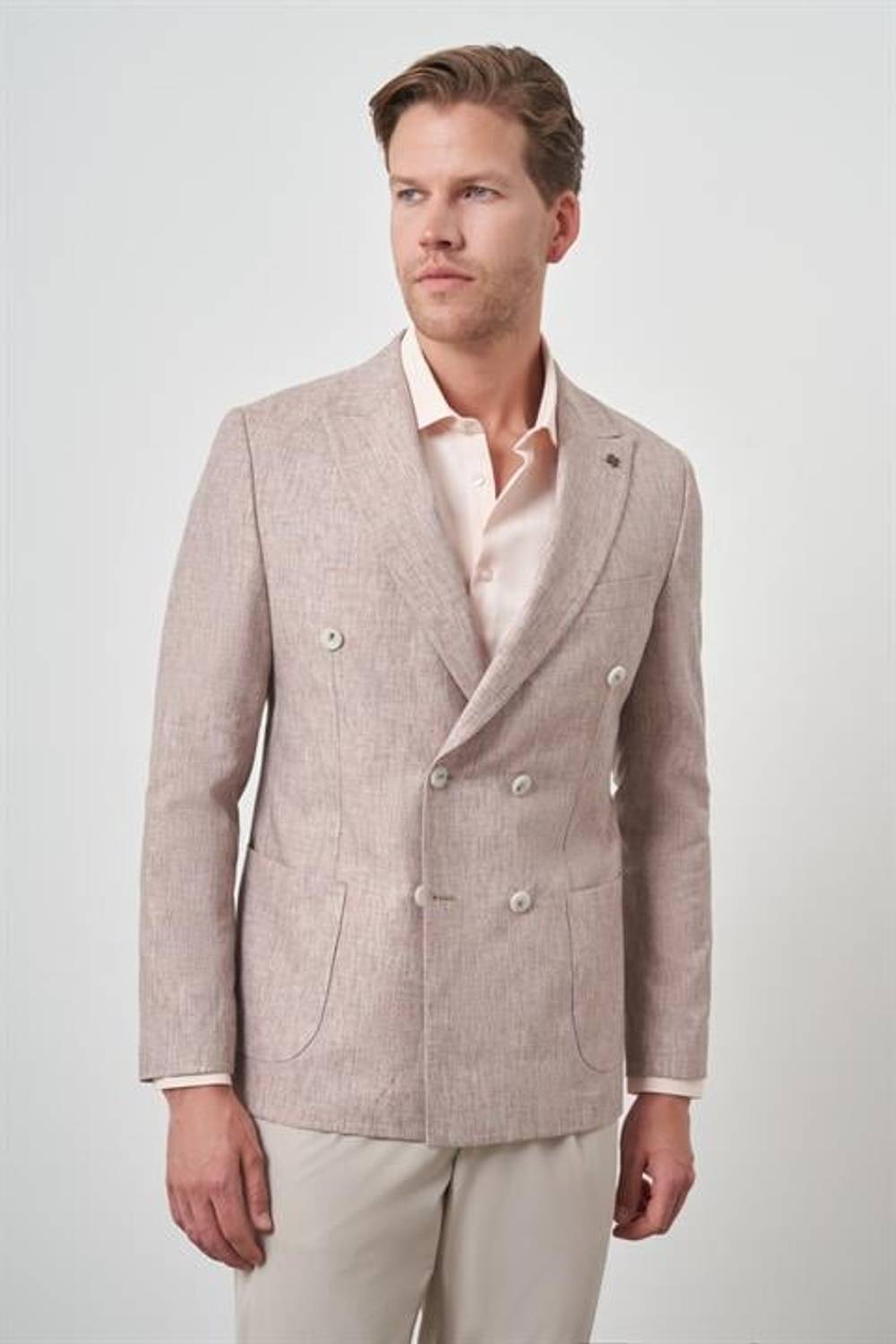 Morven Erkek Kiremit Keten Kruvaze Desenli Slim Fit Sivri Yaka Ceket