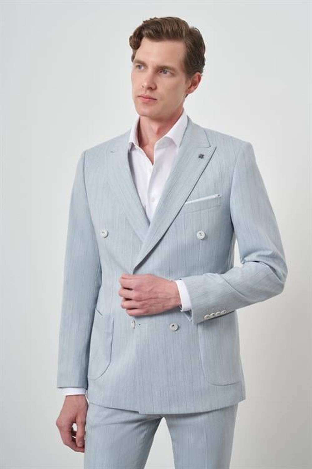 Morven Erkek A. MAVİ Çizgili Desen Kruvaze Slim Fit Sivri Yaka Takım Elbise