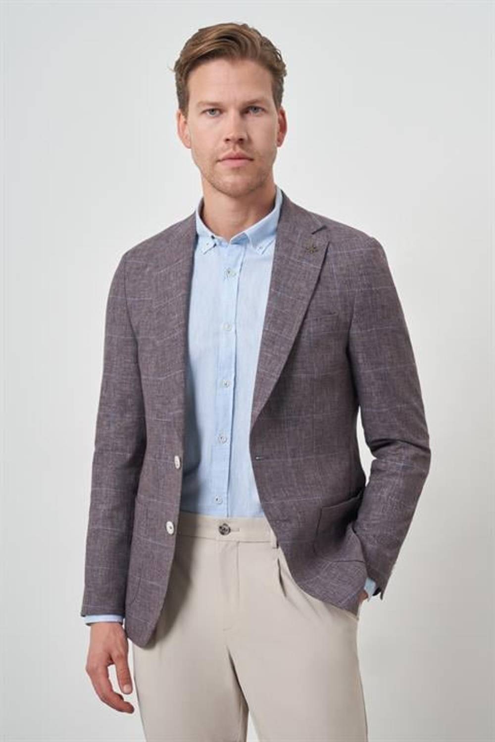 Morven Erkek KAHVE Keten Ekoseli Slim Fit Mono Yaka Ceket