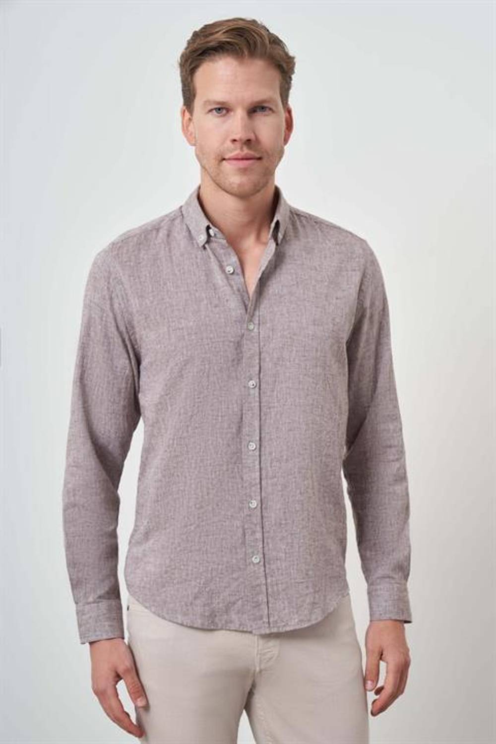Morven Erkek Vizon Keten Trend Dynamic Fit Düğmeli Yaka Gömlek