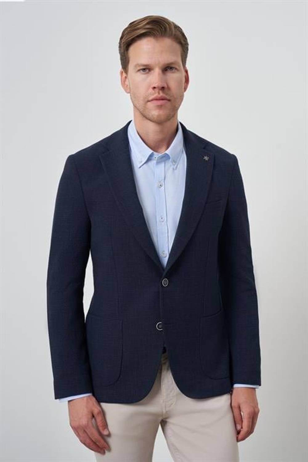 Morven Erkek Lacivert Dokuma Slim Fit Mono Yaka Ceket