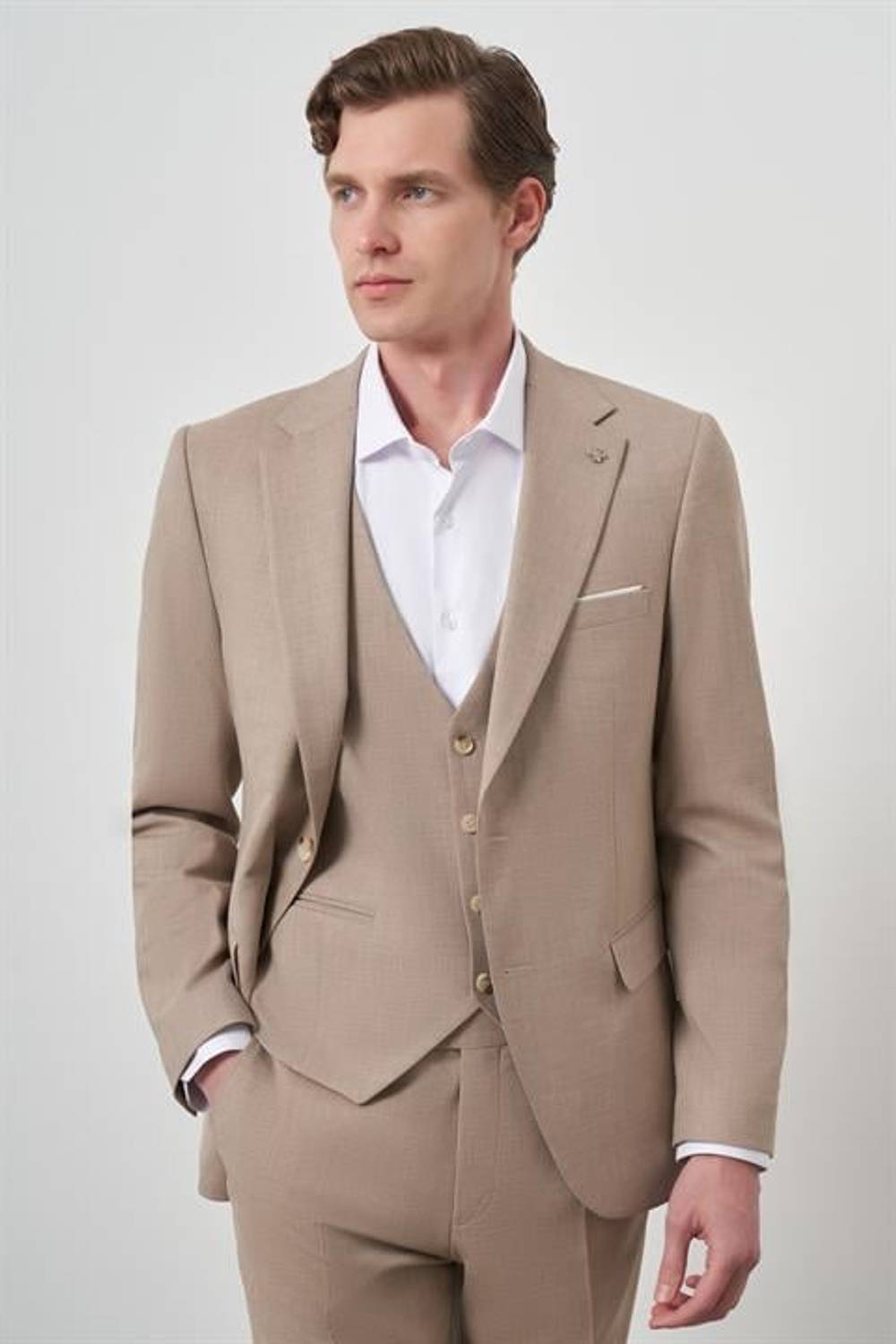 Morven Erkek Bej Yünlü Slim Fit Yelekli Mono Yaka Takım Elbise