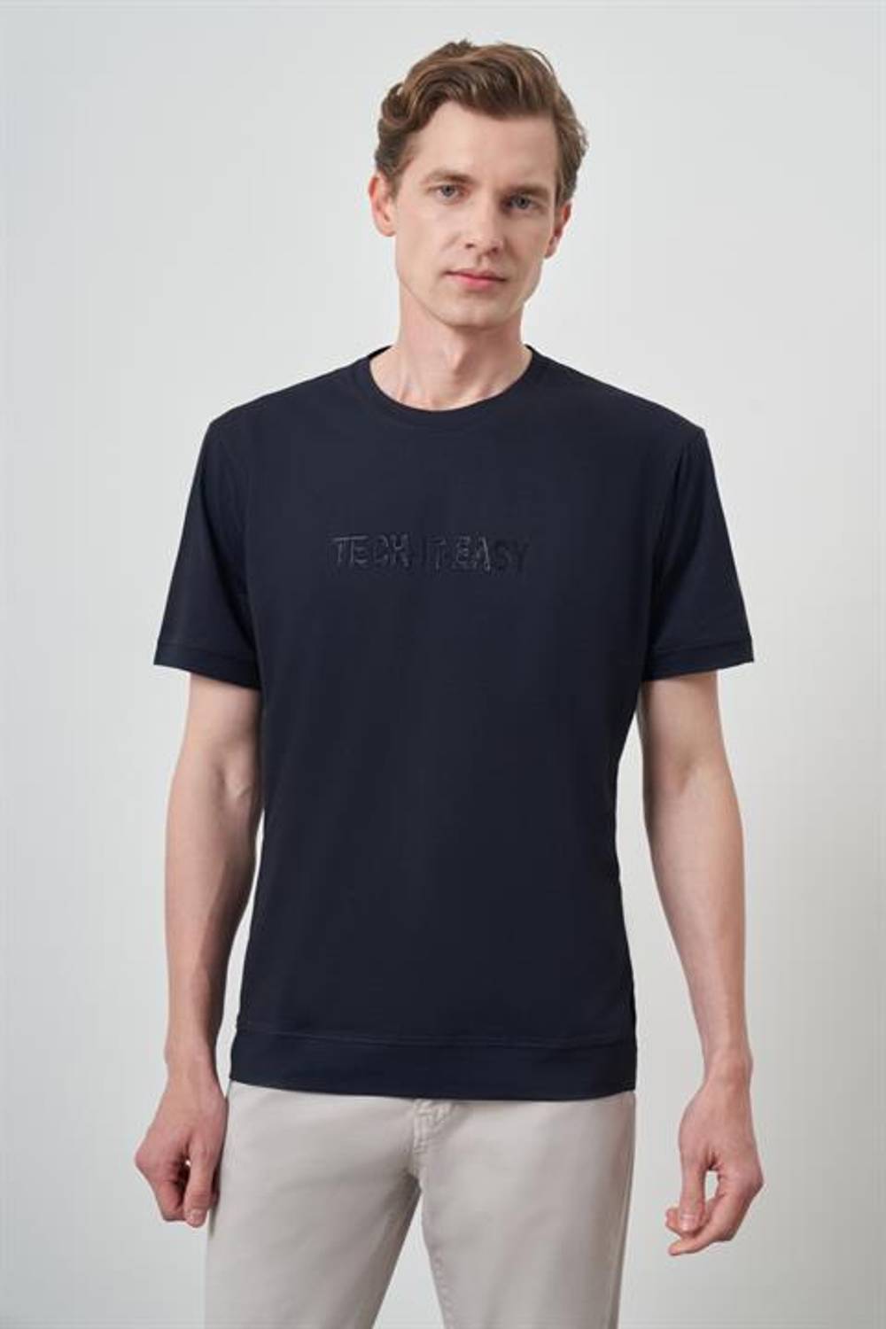 Morven Erkek Lacivert Trend Bisiklet Yaka Baskılı Tshirt