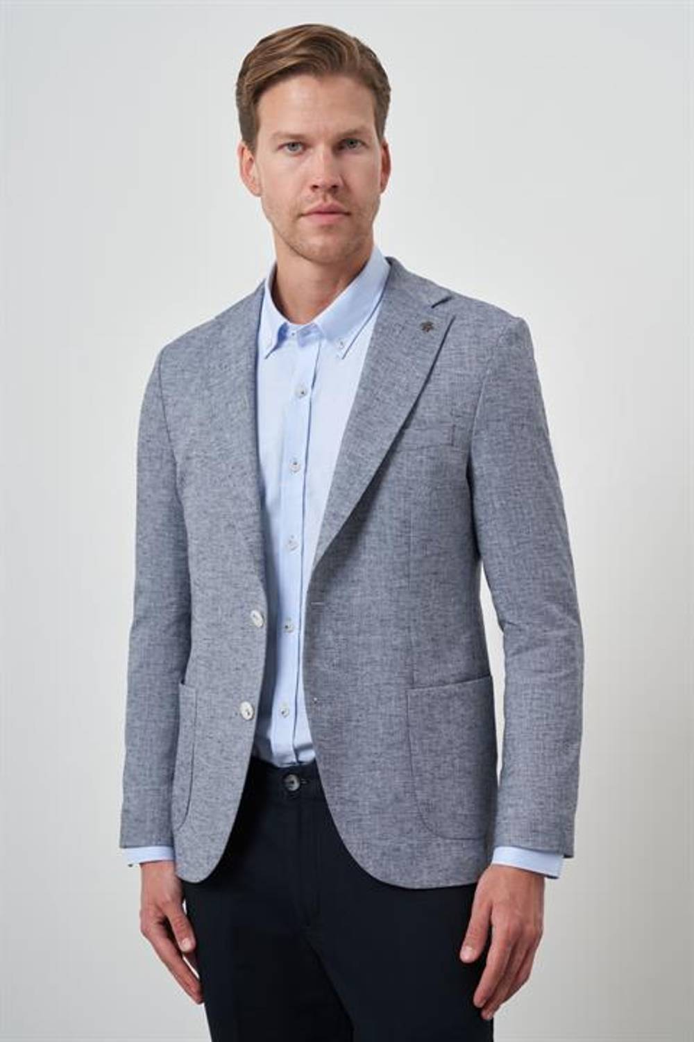 Morven Erkek Lacivert Keten Dokuma Slim Fit Mono Yaka Ceket