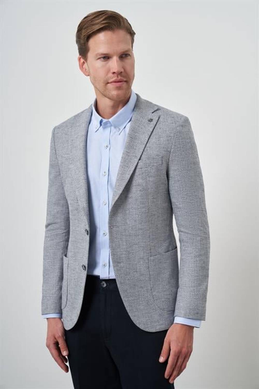 Morven Erkek Lacivert Keten Dokuma Slim Fit Mono Yaka Ceket