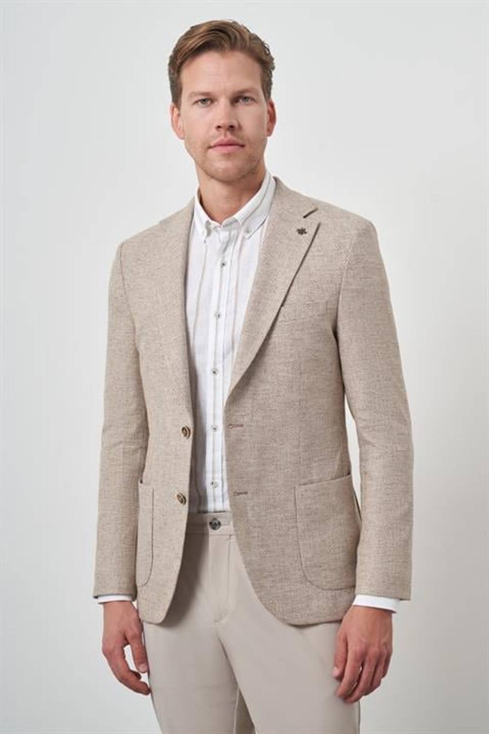 Morven Erkek KAHVE Keten Dokuma Slim Fit Mono Yaka Ceket