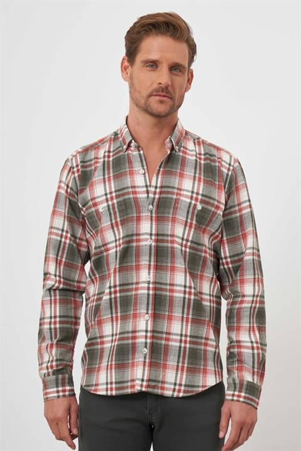 Morven Erkek Yeşil Trend Oduncu Ekoseli Düğmeli Yaka Regular Fit Gömlek