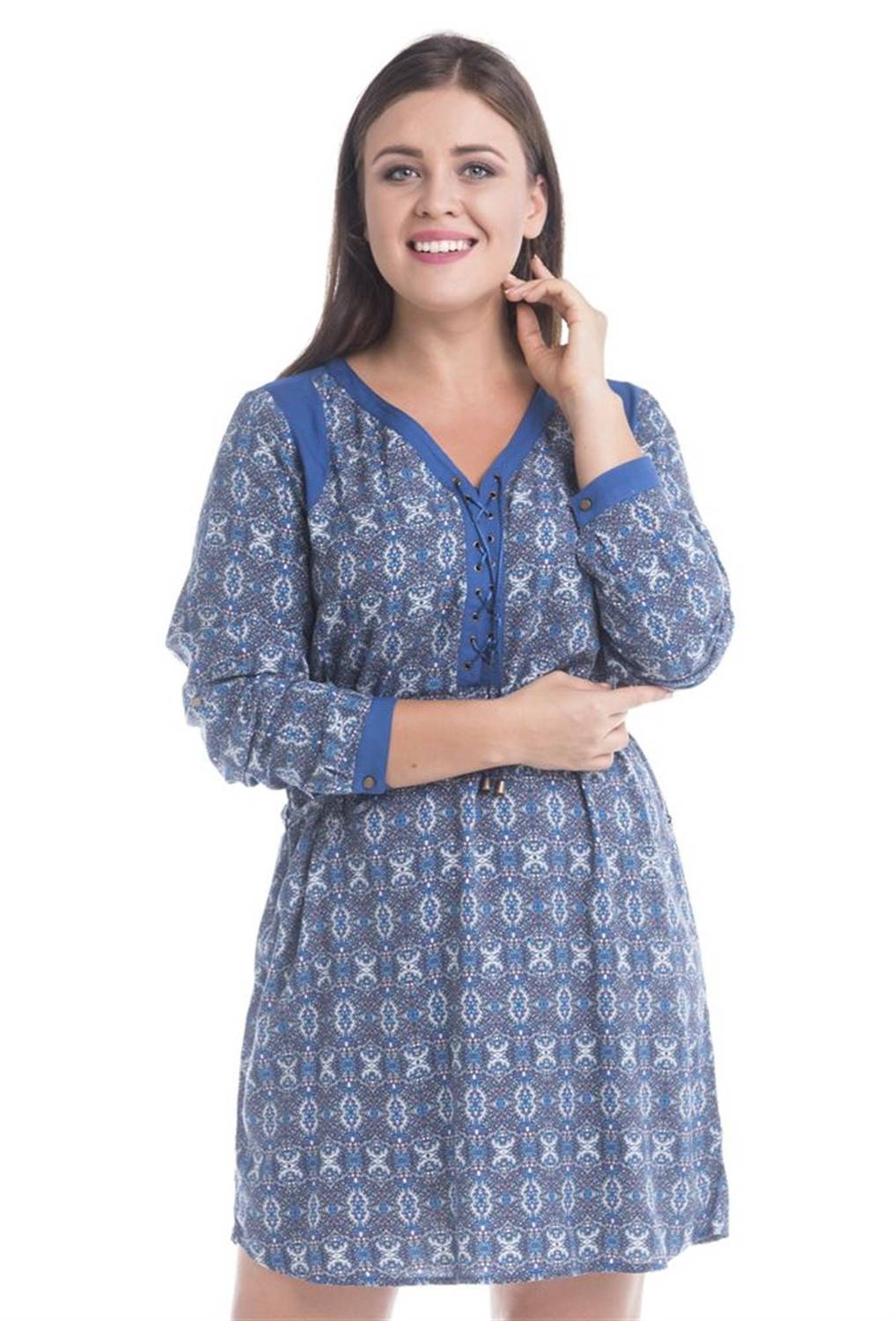 Довге плаття з геометричним візерунком, відкритою горловиною, з п'ятикутними рукавами, у великому розмірі, з блакитного легкого вбрання