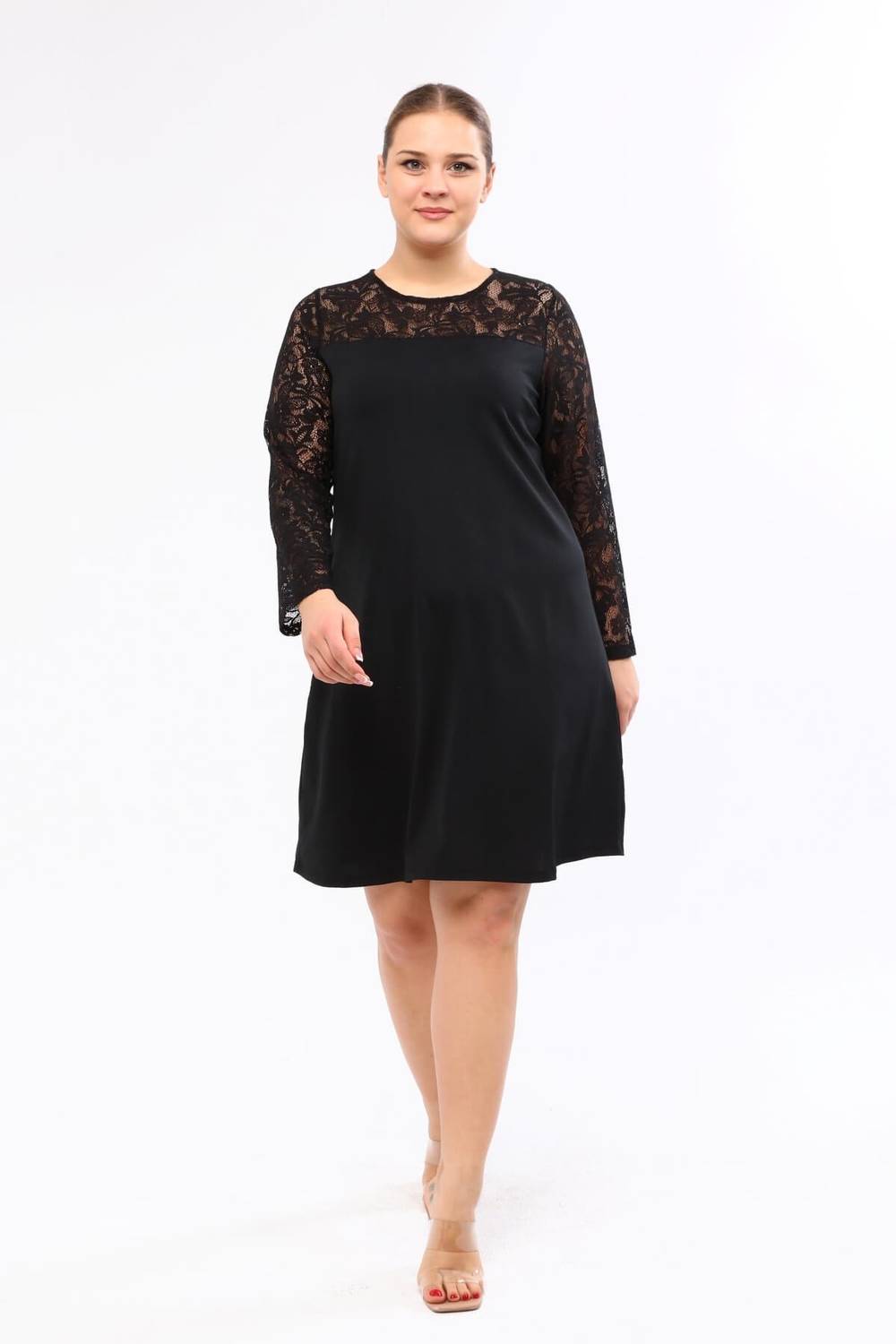 Платье с кружевом на плечах и рукавах для полных женщин, V-образный вырез, длинные рукава, стандартный силуэт, материал: 96% вискоза, 4% эластан