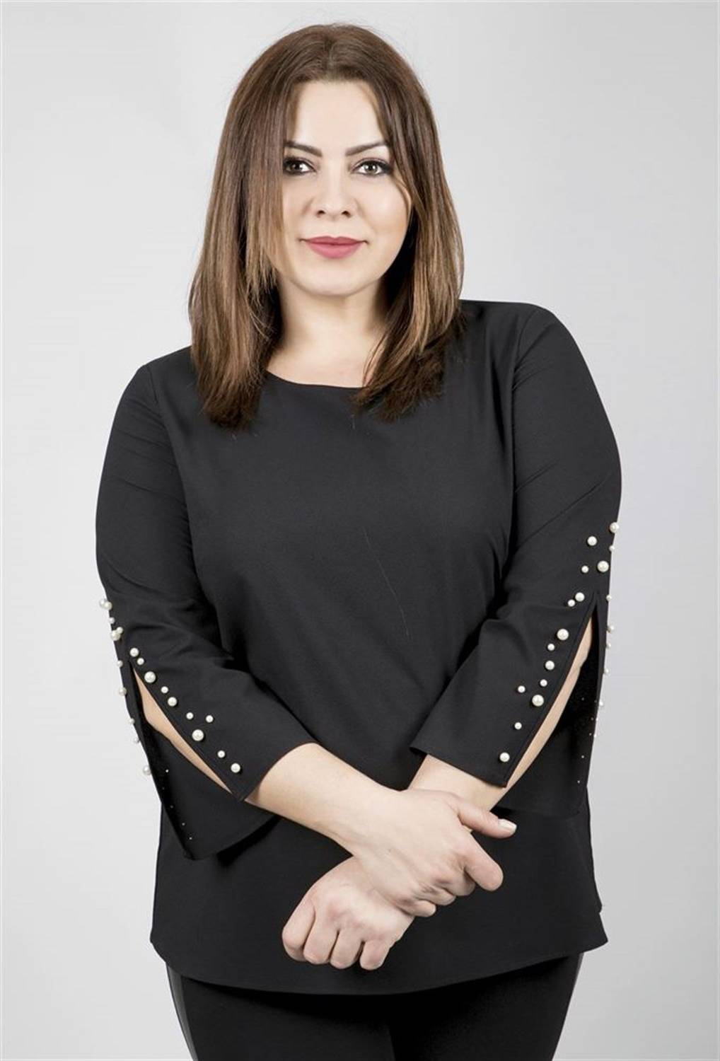 Блузка с рукавами и жемчужинами черного цвета большого размера, стандартный силуэт, 3/4 рукава, 100% полиэстер