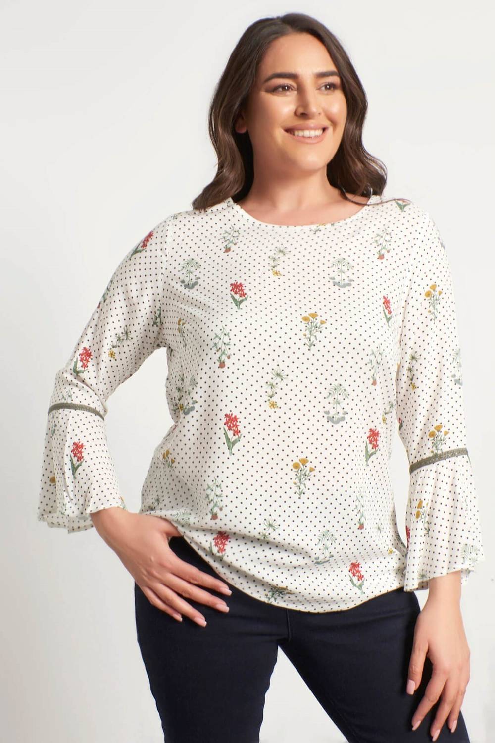 Lace Detailed Sleeves Side Slit Blouse